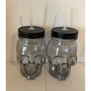 Skull Mason Jar Glasses with Straws - Black Lid
